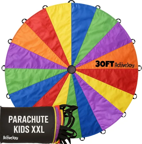 Vista 10 de Activejoy - Paracaídas para niños - 8 pies/12 pies/20 pies / 24 pies - Juguete de paracaídas arcoíris con asas - Ideal para clases de gimnasio, día