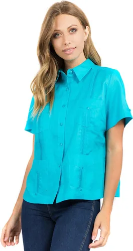 Vista 2 de Mojito Guayabera de manga corta 100% lino tradicional con cuatro bolsillos para mujer