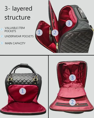 Vista 6 de VH&GRED Maleta de lujo con ruedas universales de 16 pulgadas, ligera, de viaje, pequeña, con costuras de diamante, bolsa de cuero sintético, Negro