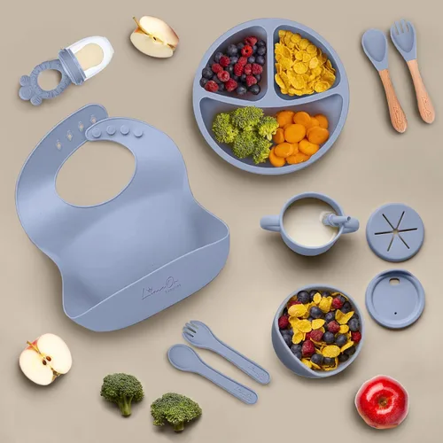 Vista 9 de Juego de alimentación de silicona para bebés, 10 suministros de destete LED para bebés, platos para bebés sin BPA con platos y cuencos para niños
