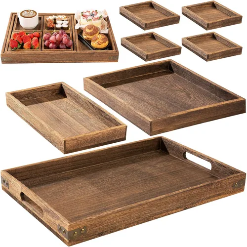 Vista 8 de Bandejas de madera para servir con asa - Juego de 7 - Grande, Mediana, Pequeña y Mini - Bandejas anidadas multiusos - para desayuno, mesa