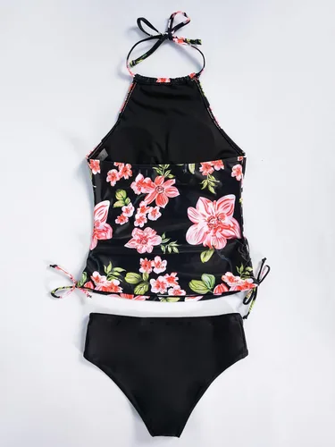 Vista 2 de Floerns Traje de baño tankini halter de 2 piezas con estampado floral y control de abdomen y braguitas
