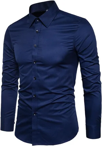 Vista 2 de Camisas de vestir para hombre de manga larga de algodón con botones y mangas largas, de corte ajustado