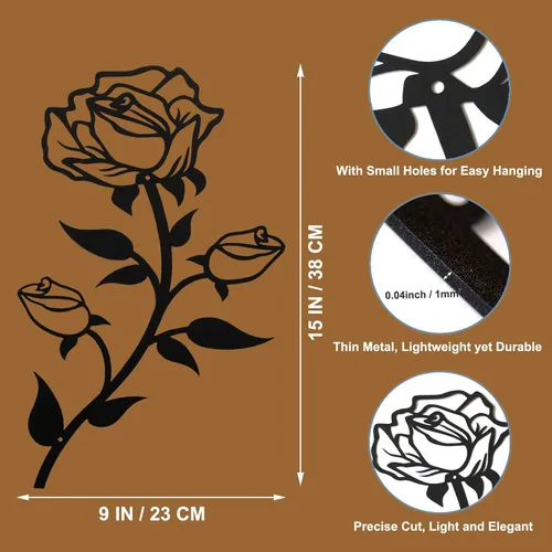 Vista 2 de ESTART Decoración de pared de rosas de metal negro para baño, 15 pulgadas de alto, bonito arte de pared floral de metal para el día de San Valentín
