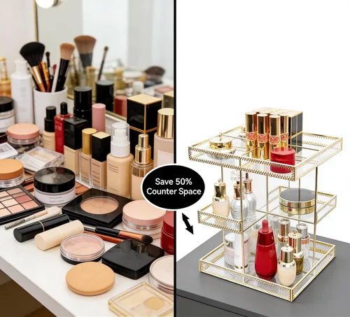 Vista 4 de Organizador de cosméticos de vidrio dorado de 3 niveles con rotación de 360 grados, bandeja de perfume giratoria de alta calidad, exhibición