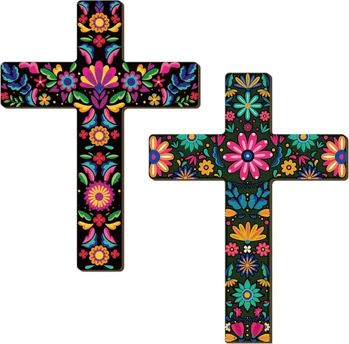 Vista 14 de Pinkunn 2 piezas de decoración de pared con cruz floral mexicana, arte de pared mexicano pintado a mano, decorativo, inspirador, cruz floral