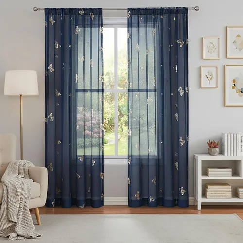 Vista 19 de Jubilantex Paneles de cortinas transparentes de mariposas negras y doradas de 52 pulgadas de ancho para dormitorio de niñas, elegantes cortinas