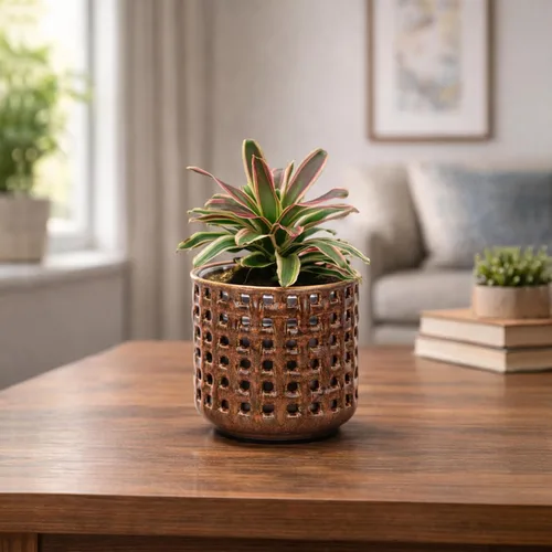 Vista 5 de D'vine Dev Maceta de cerámica para orquídeas de 4.5 pulgadas con diseño de recorte de celosía, maceta esmaltada con maceta transparente y platillo