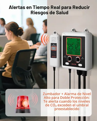 Vista 5 de VEVOR Detector de dióxido de carbono, monitor de CO2 de doble salida, función de detección de día y noche, detector de CO2 de refugio constante