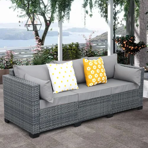 Vista 3 de Lviden - Sofá de mimbre para patio, sofá de 3 asientos para exteriores con sofá profundo de ratán para todo tipo de clima, con cojines