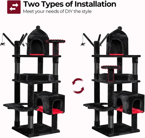Vista 7 de BEWISHOME Árbol para gatos resistente, 63 pulgadas, árboles para gatos grandes, torre gótica para gatos con cama de ataúd, casas para gatos
