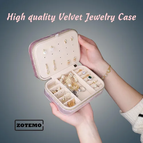 Vista 2 de Zotemo Joyero de viaje, estuche organizador de joyas de terciopelo de felpa para mujeres y niñas, accesorio de viaje portátil, caja