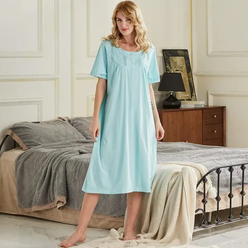 Vista 3 de Keyocean - Camisón de algodón para mujer, suave, cómodo, ligero, manga corta, vestido de casa, ropa de dormir, ropa de sala para verano.