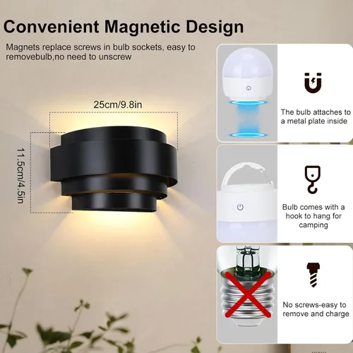 Vista 5 de Lightess Juego de 2 Apliques de Pared, Luces de Pared Recargables con Control Remoto y Bombillas RGB, Aplique de Pared Negro con Batería