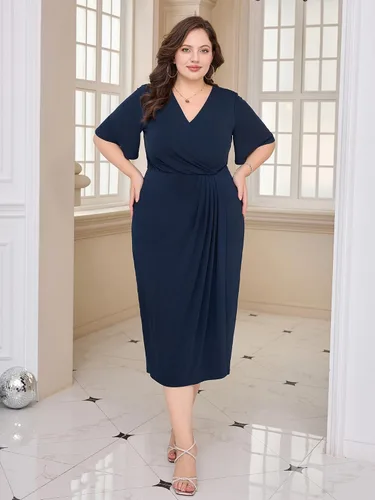 Vista 8 de Hanna Nikole Vestido midi de manga corta con cuello en V para mujer, talla grande, para invitadas de boda, cóctel, fiesta, eventos de negocios