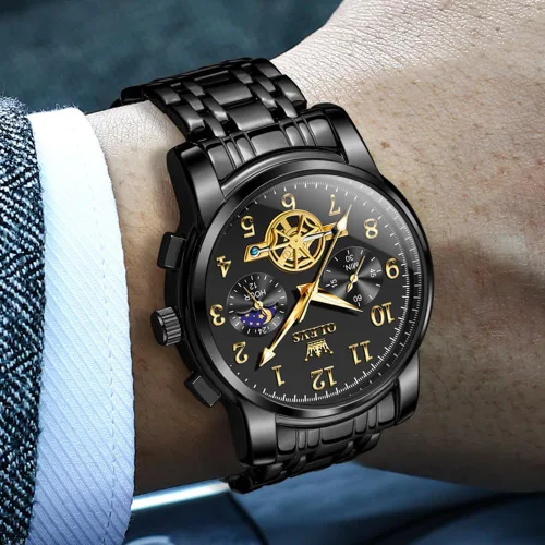 Vista 5 de OUPINKE Reloj para hombre analógico de cuarzo de acero inoxidable, impermeable, luminoso, fase lunar, cronógrafo, vestido de negocios de lujo