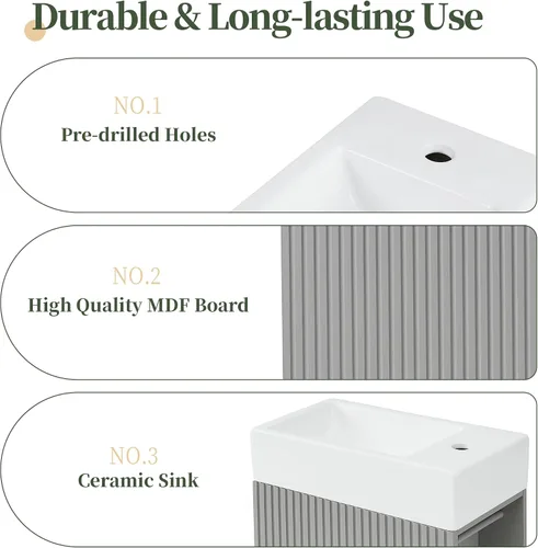 Vista 6 de LUMISOL Tocador de baño pequeño de 18.6 pulgadas con fregadero de cerámica, tocador estrecho con soporte para papel higiénico y puerta de cierre Gris