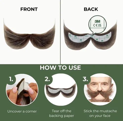 Vista 4 de Mustaches Bigote falso de pescador autoadhesivo, novedad, pelo facial falso, accesorio de disfraz para adultos, color marrón y gris
