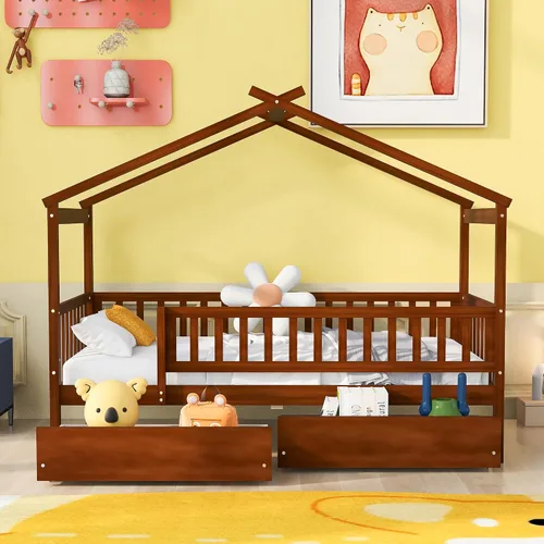 Vista 21 de RUNNA Marco de cama de madera de tamaño matrimonial con valla, para niños, adolescentes, niñas, niños, (Natural-Thinck 4col)