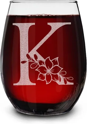 Vista 15 de Copa de vino sin tallo, con monograma floral, grabada con láser, 15 onzas, regalo inicial personalizado para ella (B)