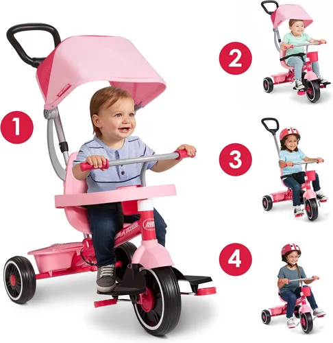 Vista 2 de Radio Flyer 4-in-1 Pedal & Push Stroll ’N Trike, Ages 1-5, UV Canopy, Pink Rosa