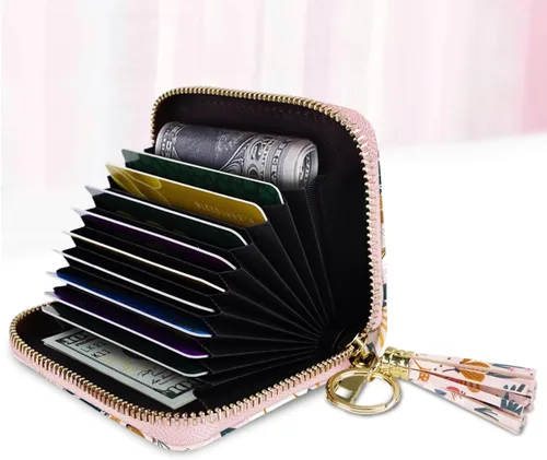 Vista 2 de Coco Rossi Billetera pequeña para tarjetas de crédito RFID con purpurina linda para mujer, C Flores rosadas