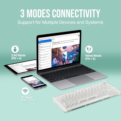 Vista 3 de KiiBoom Phantom 81 - Teclado mecánico para juegos 75% transparente, teclado de junta personalizado intercambiable en caliente con retroiluminación
