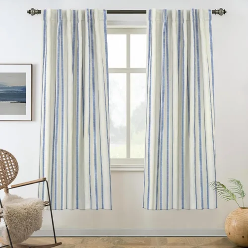 Vista 10 de DriftAway Cortinas opacas de mezcla de lino de granja de 90 pulgadas de largo para dormitorio, cortinas de lino con estampado de rayas verticales
