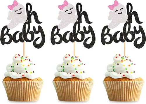 Vista 14 de 24 piezas de Halloween Baby Boo Cupcake Toppers Boo Ghost Cupcake Picks Baby Shower Halloween Boy Girl First Birthday Party Decoración Suministros