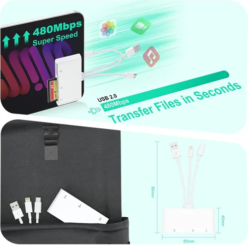 Vista 5 de Multi 8 en 1 Lightning/USB C/USB A lector de tarjetas de memoria para iPhone 15 14 13/iPad/Android/Samsung/Mac Book/Laptop/Cámara/Disco Duro/Unidad