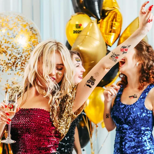 Vista 3 de 65 piezas de suministros para fiesta de Año Nuevo, 12 hojas de calcomanías de tatuajes temporales, decoraciones de feliz año nuevo, decoración NYE