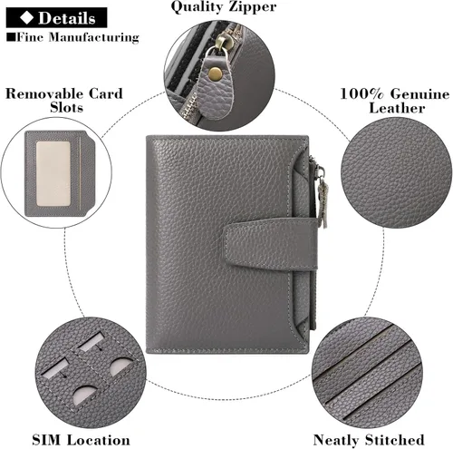Vista 5 de FALAN MULE Cartera pequeña para mujer, de piel auténtica, plegable, compacta, con bloqueo RFID, pequeña cartera para mujer, Gris-oscuro, Casual