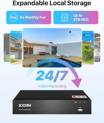 Vista 6 de ZOSI Sistema de cámara de seguridad PoE de 8 canales de 5 MP, NVR H.265+ de 8 canales de 5 MP con disco duro de 1 TB, 4 cámaras IP PoE