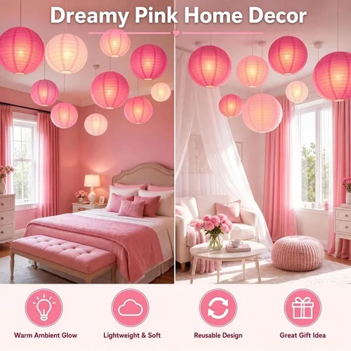 Vista 7 de Linternas de papel chino rosa con luces LED, paquete de 10