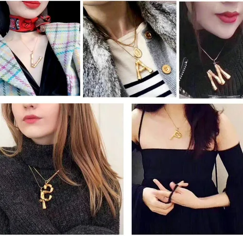 Vista 2 de FOCALOOK Collar de bambú chapado en oro de 18 quilates con dije de nombre inicial para mujer, collar grande con dije de letra de bambú