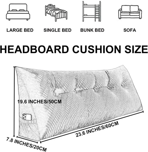 Vista 7 de Almohada triangular para cabecero, cojín triangular de color sólido, almohada grande de cuña para sofá cama, respaldo de dormitorio con funda de Azul