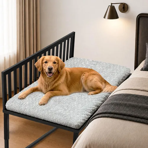 Vista 8 de Junto a la cama para perro, literas para perros de altura ajustable, marco de cama de metal para perros de 25 x 17 pulgadas con cojín (mediano)