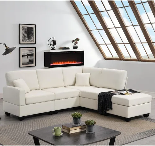 Vista 13 de Quarte Sofá seccional en forma de U, sofá modular con dos asientos individuales, dos sillas, combinación de bricolaje, tela de hilo en bucle Beige/5