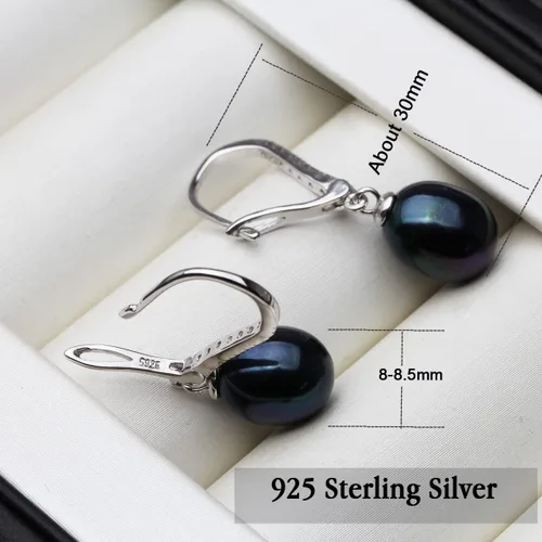 Vista 2 de Aretes colgantes de plata de ley 925 de 8 a 0.354in, color negro, blanco, gris, perla cultivada en agua dulce, joyería para mujeres y niñas