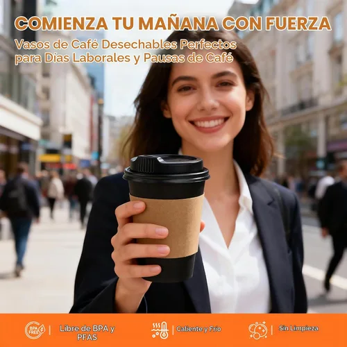 Vista 5 de METAPRINT - Paquete de 100 tazas de café desechables de 16 onzas con tapas Negro