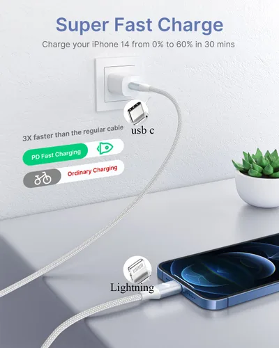Vista 4 de Cable USB C a Lightning, paquete de 2 cables de carga de 10 pies, cable de carga trenzado extra largo para iPhone 14 13 12 11Pro Max Mini XS XR X 8