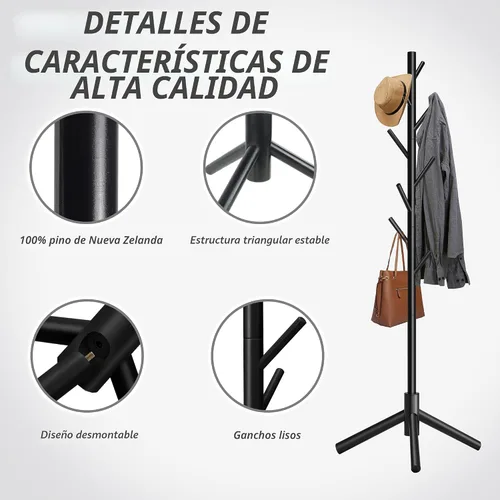 Vista 5 de Unisakey Perchero de madera duradero, perchero independiente con base triangular estable, 8 ganchos y 3 alturas ajustables, montaje simple