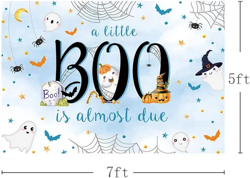Vista 3 de MEHOFOND Telón de fondo de Halloween de 7 x 5 pies para baby shower con texto en inglés "A Little Boo is Almost Due Blue Water" para niño