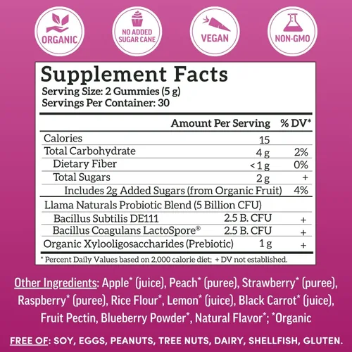 Vista 3 de Llama Naturals Probióticos para mujeres y hombres con fibra prebiótica, veganas, orgánicas, gomitas probióticas para apoyo a la salud intestinal