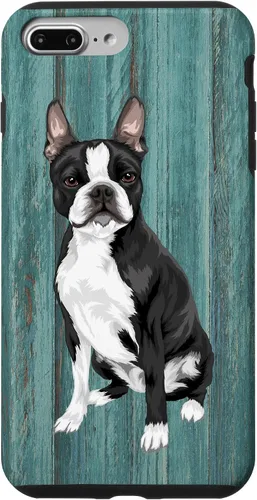 Vista 12 de Boston Terrier Faux Blue Wood Background Case for iPhone 17