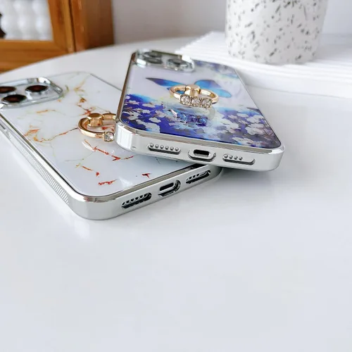 Vista 3 de Funda para iPhone 14 Pro Max con soporte de anillo, soporte híbrido plateado TPU parachoques con parte trasera dura patrón floral funda protectora