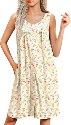 Vista 20 de Ekouaer Camisones para mujer, con botones, sin mangas, suave, con bolsillos, tallas S-XXXL