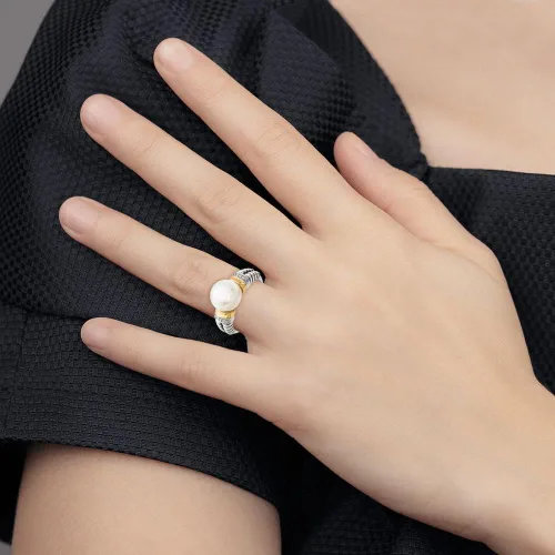 Vista 7 de Anillo de plata de ley 925 maciza con diamantes de oro amarillo de 14 k y perlas cultivadas de agua dulce (.03 cttw.)