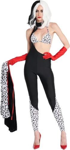 Vista 4 de Disfraz de Cruella para mujer, disfraz de Halloween para adultos, disfraz sexy de villana dálmata, disfraz de Cruella de Vil, conjunto de 5 piezas