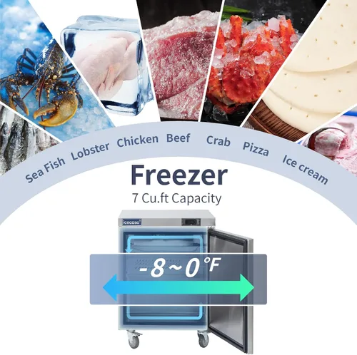 Vista 2 de ICECASA 27" de ancho Congelador comercial de encimera para debajo del mostrador de una puerta de acero inoxidable con enfriamiento por ventilador